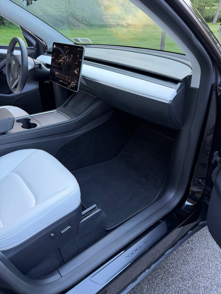 Modern electric vehicle interior showing steering wheel, touchscreen display, white and black seats, and open driver-side door